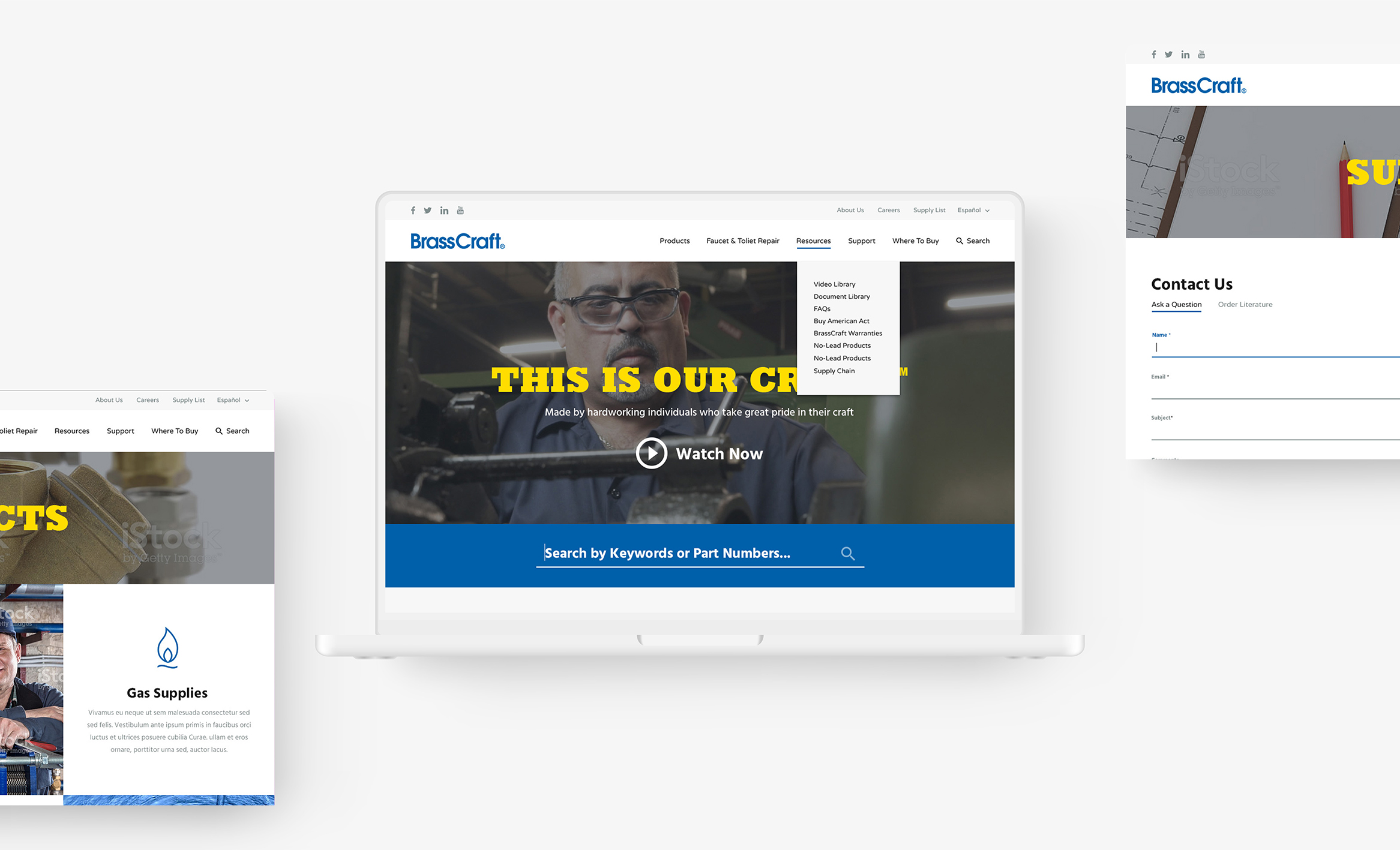 brasscraft website mockup in laptop showing homepage hero image and navigation